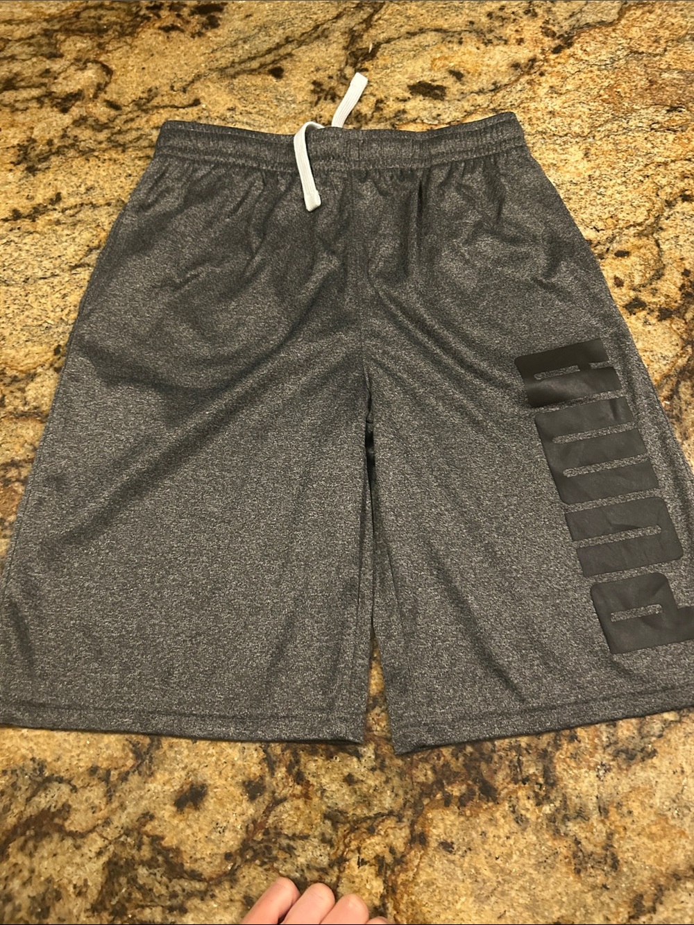 Puma Dark Gray Athletic Shorts with Side Logo and White Drawstring